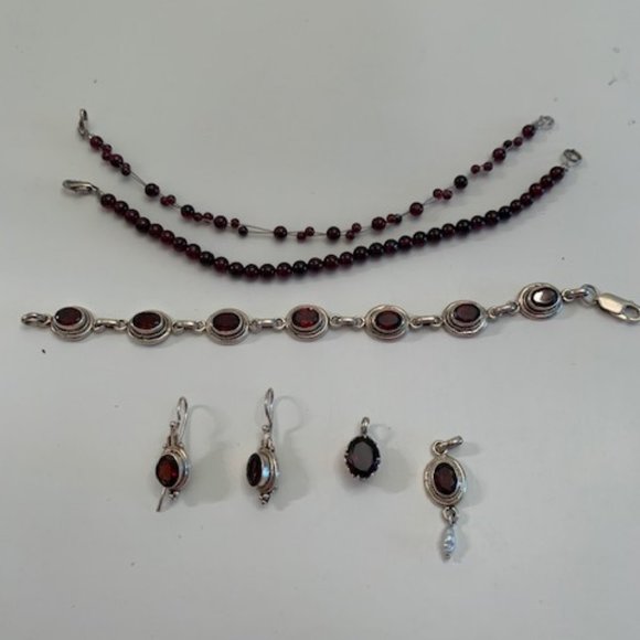 Garnet Silver Bracelets/Pendant/Earrings Set of 6 - Picture 1 of 4
